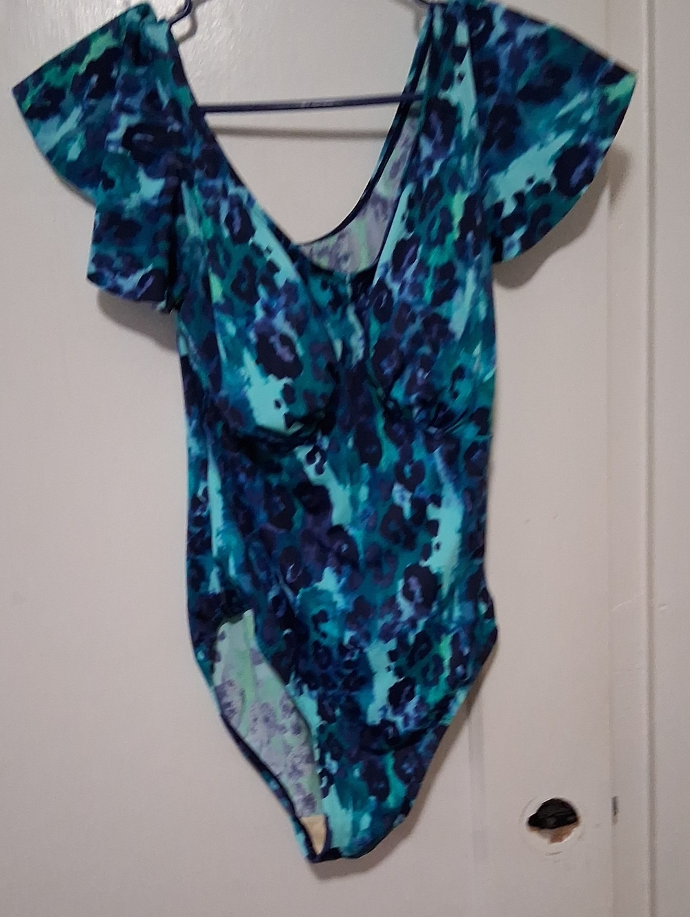 Women's Aqua Teal Printed Flutter-Sleeve Bodysuit Preowned